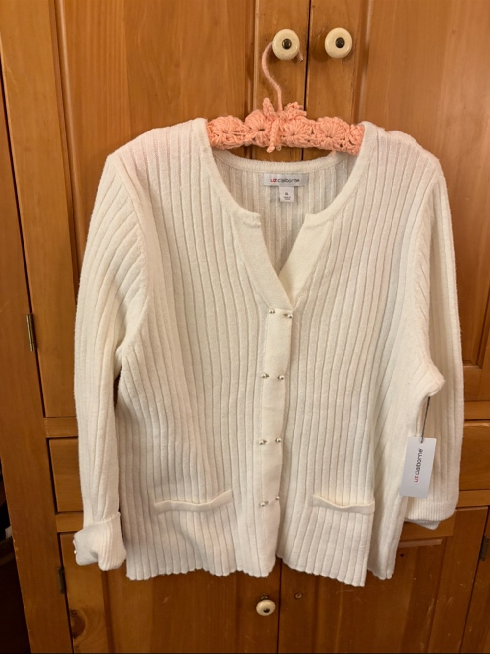 Liz Claiborne Cream Ribbed Cardigan with Pearl-Style Buttons